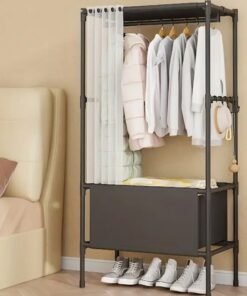 YIJIA HOME GOODS 1pcs Metal Wardrobe With Dust-Proof Curtains And Hooks, Floor-Standing Coat Rack, Two-In-One Practical Hanger With Storage Basket, Ideal Clothes Storage Rack-Large Capacity And Small Footprint, Suitable For Bedroom, Living Room And Laundry Room, Black