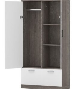 Mahmayi Wooden Wardrobe with 2 Doors, 2 Drawers, Hanging Rod and 2 Compartments, Wooden Closet Storage Cabinet for Bedroom, Living Room - Gown White River Oak and Premium White