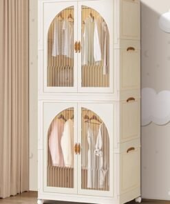 Portable Wardrobe, Kids Wardrobe Cabinet Foldable Clothes Cabinet, Collapsible Plastic Storage Organizers Closet with Wheels, Hanging Rod and Door (beige, 7061)