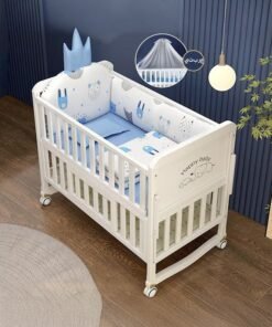 XiuWoo Multifunctional Adjustable 3 Modes Solid Wood Baby Cots With Storage Space And Wheels Contains mattresses and pillow