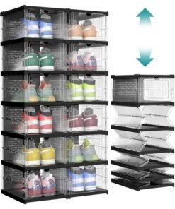 SONGMICS HOME Shoe Boxes, Set of 12 Stackable Shoe Storage Organizers, 2 Folding and Modular Shoe Racks, for up to Size 46, Assembly 60s, Transparent and Black Ink - 51.2 x 35.5 x 105 cm