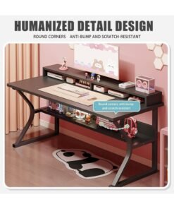 OHAHO Gaming Desk with Shelf, 140CM Computer Desk, C-Shaped Gaming Table, PC Gaming Workstation Home Office Desks, Space-saving, Easy to Assemble (Black, 140x60x75CM)