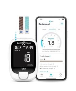 KETO-MOJO GK+ Bluetooth Glucose & Ketone Testing Kit + Free APP for Ketosis & Diabetes Management. 20 Blood Test Strips (10 Each), Meter, 20 Lancets, Lancing Device, and Control Solutions