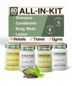 Terra Pure Green Tea Toiletries Set  1Shoppe Amenities Kit  1oz Shampoo  Conditioner Body Wash Lotion  Travel Size  80 Pieces