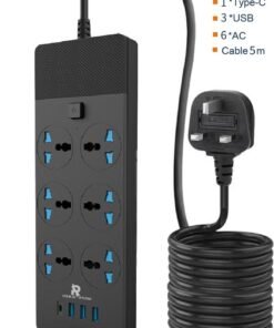Rock Pow 5 Meters Universal Extension Lead with Multiple Function UK Plug 3 Pin Socket Outlet with 6 Gang 3 USB Port 1 Type-C Port 5M Electric Socket Mains Strip for Home Kitchen and Office
