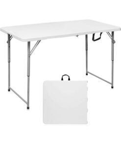 MOMENT 1.2M Foldable Lightweight Trestle Outdoor Camping Tables, Heavy Duty Plastic Outdoor Folding Picnic Table, Folding Trestle Table For Bbq Party, Folds In Half With Carry Handle, White [122×60×74Cm]