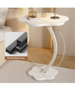 GUDOO C Shaped Side Table for Couch Flower Shaped End Table Modern Small Coffee Table Freestanding Small Sofa Table Nightstand with Metal Frame for Living Room Bedroom White 2