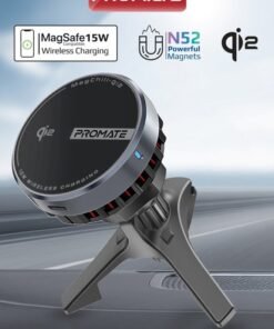 PROMATE Qi2-certified Wireless Car Charger, Ultra-Fast MagSafe Car Charger with Semiconductor Refrigeration Cooling, 15W Output, Versatile Mounting Options, FOD Safety,360 Degree Rotation,MagChill-Qi2 Black