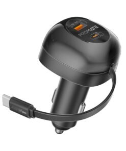 Promate 62W Car Charger With 45W Retractable USB-C PD Cable, Super-Fast PD36W USB-C Port, Rapid 18W Qualcomm Quick Charge 3.0, Temperature Control, Surge and Short Circuit Protection, PowerDrive-RC65 Black