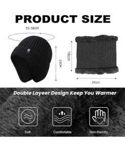 Alternative view of 2pcs Mens Winter Knit Beanie with Earflap Neck Warmer Set Outdoor Warm Thermal Knitted Hat with Fleece Lined Skull Cap for women