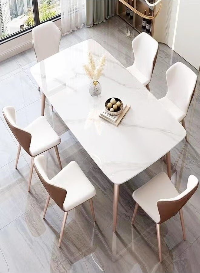 Raffine Modern Multipurpose Industrial Standard Rectangle Sintered Stone 6 Seater Marble Finish Dining Table Set Sleek White & Beige Design size 140x80x75cm Chair 43x54x84cm