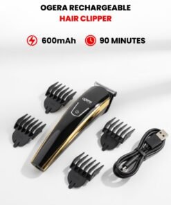 Ogera Rechargeable Hair Clipper – 90 Minutes Runtime, Stainless Steel Blades, 600 mAh Lithium Battery, LED Charging Indicator, Type-C Fast Charging, Cordless Hair Cutting Machine for Men – Model OG2000HT, Black & Gold