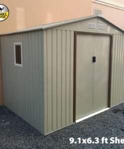 CamelTough Outdoor Metal Storage Shed 9.1 X 6.3 feet, With Shelf Rack and Heavy Duty Storage Box 60 Liters, Garden Shed Combo, Weather Resistant, for Tools Patio Furniture and Garage – CT-205