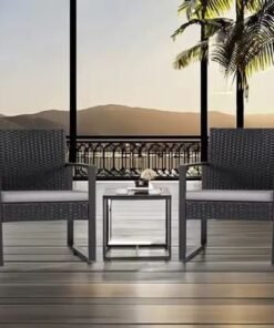 Balcony Outdoor Table And Cushioned Rattan Porch Chairs Set - Black