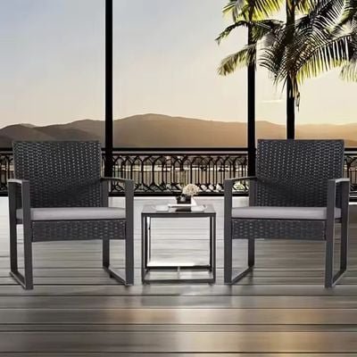 Balcony Outdoor Table And Cushioned Rattan Porch Chairs Set - Black