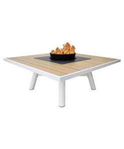 Small Square Fire Pit Table Color Natural Teak & White - Aluminium Frame - Image 5