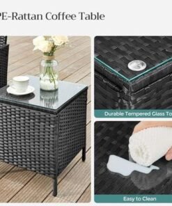 Songmics Modern Outdoor Lt Pf004 Rattan Patio Furniture Set, 2 Chair With Cushions And 1 Glass Table, Ideal For Garden, Balcony, And Office Lounge - Black