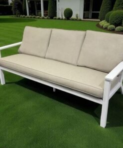 Premium 7-Seater White Outdoor Aluminium Sofa Set with Beige Cushions