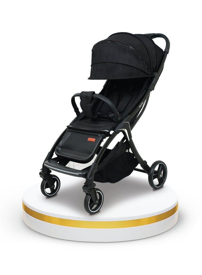 Nurtur Aspen Baby Stroller 0 to 36 months, Storage Basket, Leatherette details, One -hand fold design, 5 Point Safety Harness, EVA wheels - Black/Grey