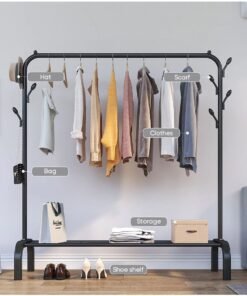 DubaiGallery Cloth rack cloth stand Clothes Hanger Stand Clothes Dryer Rail with 8pcs Branch Hook Bottom Storage 110cm Length Large Space for Shoes Clothes Jacket Umbrella Hats Scarf Handbags