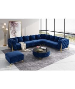 Maharat Al Bahar Golden-Legged L-Shaped Chesterfield Velvet Sofa Set: Luxury Traditional Living Room Blue COLOR