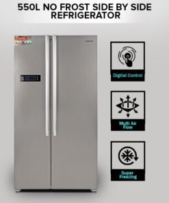 GEEPAS 550L Gross/436L Net Capacity No Frost Side By Side Refrigerator| With Multi air Flow, Digital Control Temperature Display, Inverter Compresspr, Tempered glass Shelves, Twist Ice Maker, 4 Cooling Modes, Door Open Alarm, Freezer- 145L capacity GRFS5520SXHN Silver