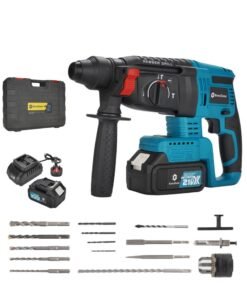 GearZone Cordless Electric Hammer Drill, 21V High Power, With 17pcs Accessories Bit Set, for Concrete & Wood Drilling, With Two Lithium Batteries-Blue Color