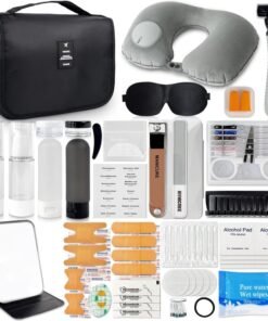 ARK Survivor Travel Kit 39 Essentials for Travel Emergency, Large Capacity Toiletry Bag, All Purpose Grooming Set, Airplane Pillow Kit, TSA Approved (Jet Set Black)