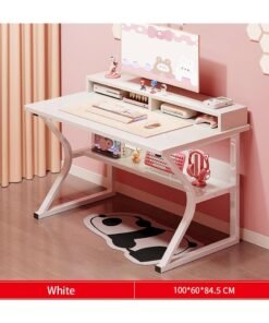 OHAHO Gaming Desk with Shelf, Computer Desk White, C-Shaped Gaming Table, PC Gaming Workstation Home Office Desks, Space-saving, Easy to Assemble (White, 100x60x75CM