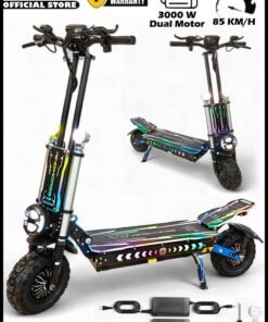 Wind Horse H3 Powerful Electric Scooter 3000W Dual Motor  – 60V 40Ah Battery, 85 KM/H Max Speed, 120 KM Range – 13 Inches Tires, Hydraulic Brakes, Dual Suspension, 3 LED Headlights, Strong Steel Frame, Full Body RGB Lights