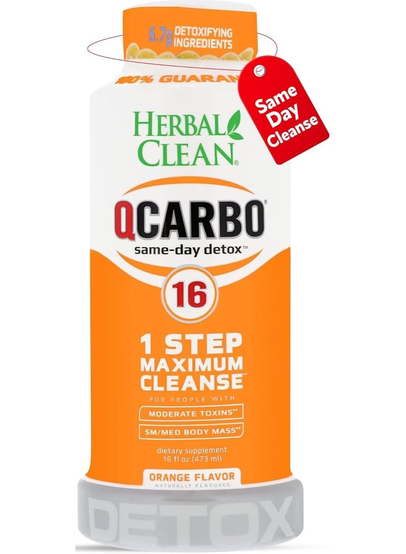 Herbal Clean Qcarbo16 Same-Day Detox Cleanse Drink (16 fl oz) - Orange Flavor Full Body Cleanse* Detox Drink for Moderate Toxin Level*, Vitamin B2 and Vitamin B12 for Men & Women