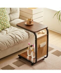Cool Baby COOLBABY C-Shaped End Table with Wheels, Movable Side Table with Storage Pocket, 2-Tier Narrow Sofa Table with Metal Frame, Small Coffee Table for Living Room, Bedroom, and Office (45x30x65cm, Brown) - Image 3
