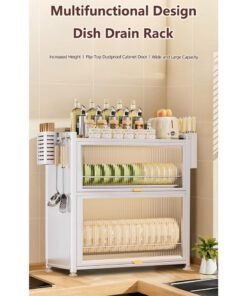 XiuWoo 3-Tier Kitchen Dish Rack, Metal Countertop Storage Cabinet, Microwave Stand, Bakers Rack, Dish Drying Rack, Storage Rack with Pull-out Cabinet, Clear Window, Hooks, and Chopsticks Organzier