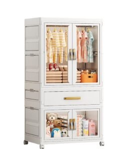 Ollieroo Plastic Modular Storage Cabinet – PP/PET/ABS Wardrobe with Drawer, Foldable Box, Hanging Rod and 6 Hangers(colors random), Lockable Swivel Wheels for Bedroom, Closet, or Living Room, 64 × 41 × 127 cm