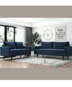 Wooden Twist Designer Handmade Velvet Fabric Solid Wood Soft & Comfortable Sofa Set ( Blue )
