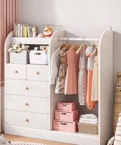 JCB CHIC Kids Wardrobe Closet,Portable Clothes Rack with 5  Drawer,Freestanding Closet Organizers and Storage System with Hanging Rods,Storage Cabinet  Suitable for Cloakrooms,Bedrooms,Entrances