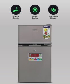 GEEPAS 125L Gross/85L Net Capacity, Double Door Defrost Refrigerator With Rapid Cooling Function, Tropic Type, CFC Free, Interior Lamp, Adjustable Leg, Hook & Key, Outside Condenser,  25L Freezer capacity GRF1259GPE Metallic grey