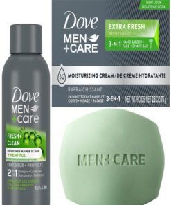 Dove Men+Care Bar Soap and Travel Shampoo Set - Extra Fresh 3-in-1 Cleansing Bar & Fresh + Clean 2-in-1 Shampoo and Conditioner (2 Piece Set)