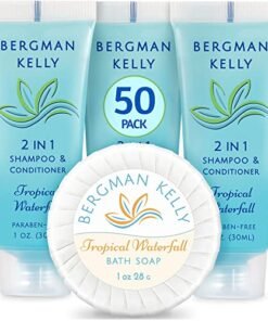 BERGMAN KELLY Round Soap Bars, 2in1 Shampoo & Conditioner 2-Piece Set (Tropical Waterfall, 1 oz each, 100 pc), Delight Your Guests with Revitalizing & Refreshing Sanitary Toiletries & Hotel Amenities