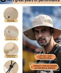 HAWAWA Fishing Hat Safari Cap Breathable Wide Brim Boonie Hat Bucket Hats with UV Protection Sun Protection For Fishing Hiking Garden Beach Men and Women(Beige) - Image 3