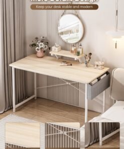 FAMAPY Office Table with Storage Bag, Computer Desk with Monitor Stand, Study Desk for Home & Office, Compact Writing Workstation (110x50x75cm, Beige) - Image 2