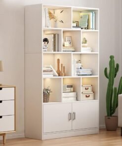 Multi-Tier Bookshelf Wooden Storage Cabinet Rack with 2 Doors and Open Display Shelf Multipurpose Floor Standing Bookcase for Living Room, Bedroom, Home and Office, 80x24x178cm, White