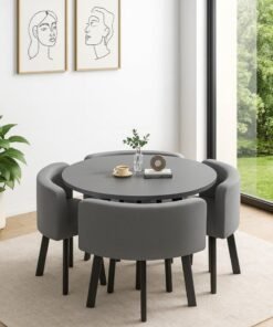 Harmony Home 5-Piece Round Dining Table Set – Dining Room Furniture with 4 Upholstered Chairs and 1 table   (Grey)
