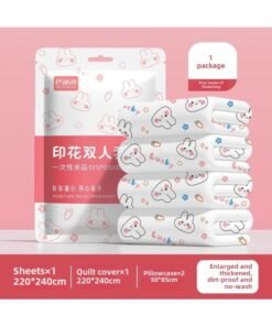 Disposable Pillowcase, Travel Pillowcase, Hotel Supplies, Bed Bed Sheets, Quilt Cover, Thickeneded Travel Sterilization Train Sleeper Pillowcase-Color:Pink Lucky Rabbit Double Four-piece Set