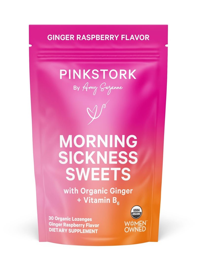 Pink Stork Morning Sickness Sweets, with Organic Ginger + Vitamin B6, 30 Organic Lozenges, Ginger Raspberry Flavor, Dietary Supplement