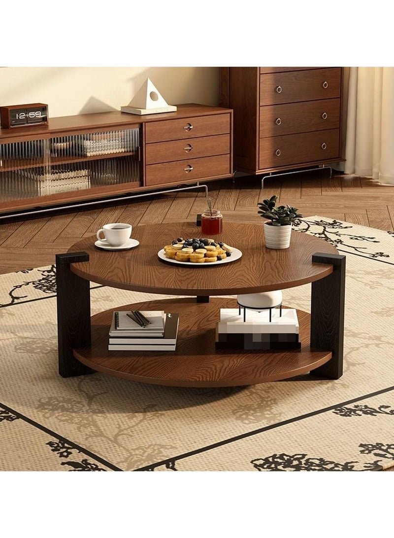 WALALLA Round Oak Wood Coffee Table, 2-Tier Circle Coffee Tables with Storage Rustic Farmhouse Center Circular Coffee Table Modern Contemporary Tea Table for Living Room Bedroom Balcony Office - Image 2
