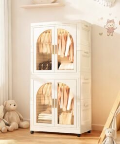 Portable Kids Closet Children's Wardrobe, Foldable Clothes Cabinet,Collapsible Plastic Srotage Organizers Closet with Wheels, Hanging Rod and Door