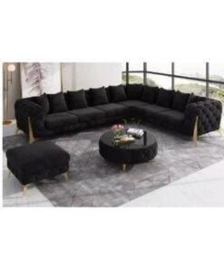 Maharat Al Bahar Golden Legged L-Shaped Chesterfield Velvet Sofa Set Luxury Traditional Living Room 6 Seaters Black
