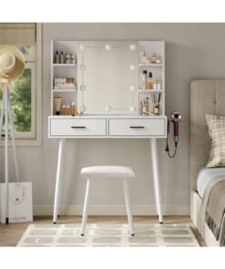 Vanity Desk, Makeup Dressing Table Vanity Bench with Mirror and Lights, Vanity Table Set with Stool, Multifunctional Dresser Cabinet with Storage Shelves and Drawers for Women Girls (SZZ014) - Image 4