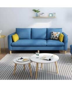 Ripple FURNITURE Modern Fabric Square Arm Sofa with Two Standard Pillows, Blue sofa with Yellow accent pillows.